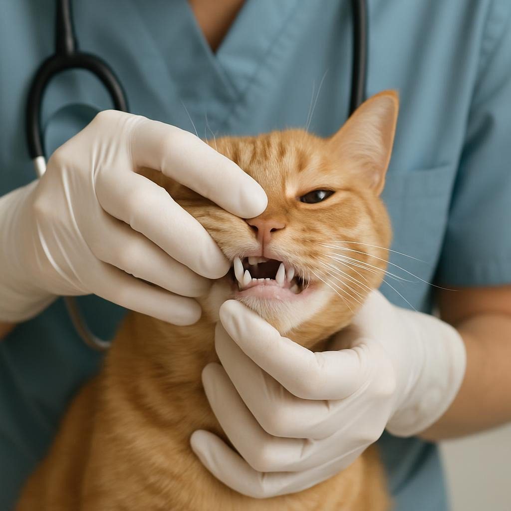 A cat having its teeth checked by a veterinarian.