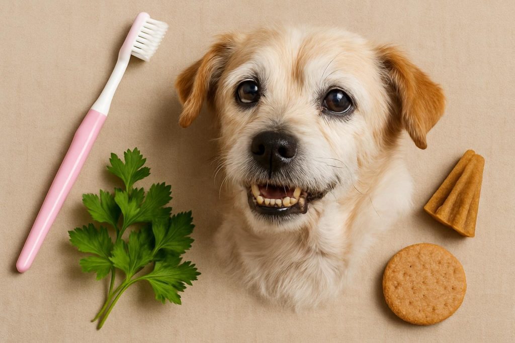 senior pet dental health at-home hacks with toothbrush and treats