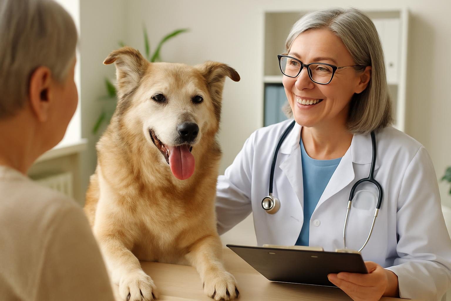 pet insurance for older dogs with vet consultation and happy senior dog